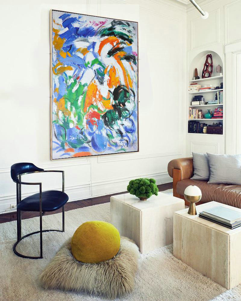 Large Wall Art Canvas,Vertical Palette Knife Contemporary Art,Modern Wall Art,Blue,White,Orange,Green.etc